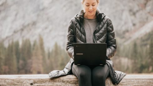Swindells tax woman on log with laptop tax tips sussex